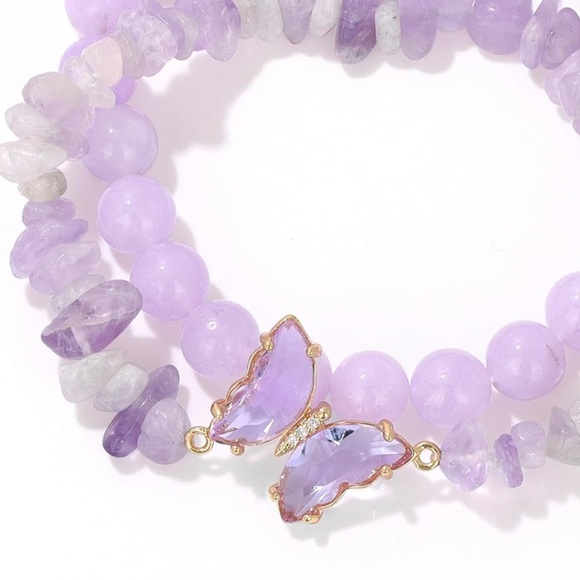 🆕New Purple Jade Crystal Bracelet Set with Butterfly Charm - Picture 6 of 6